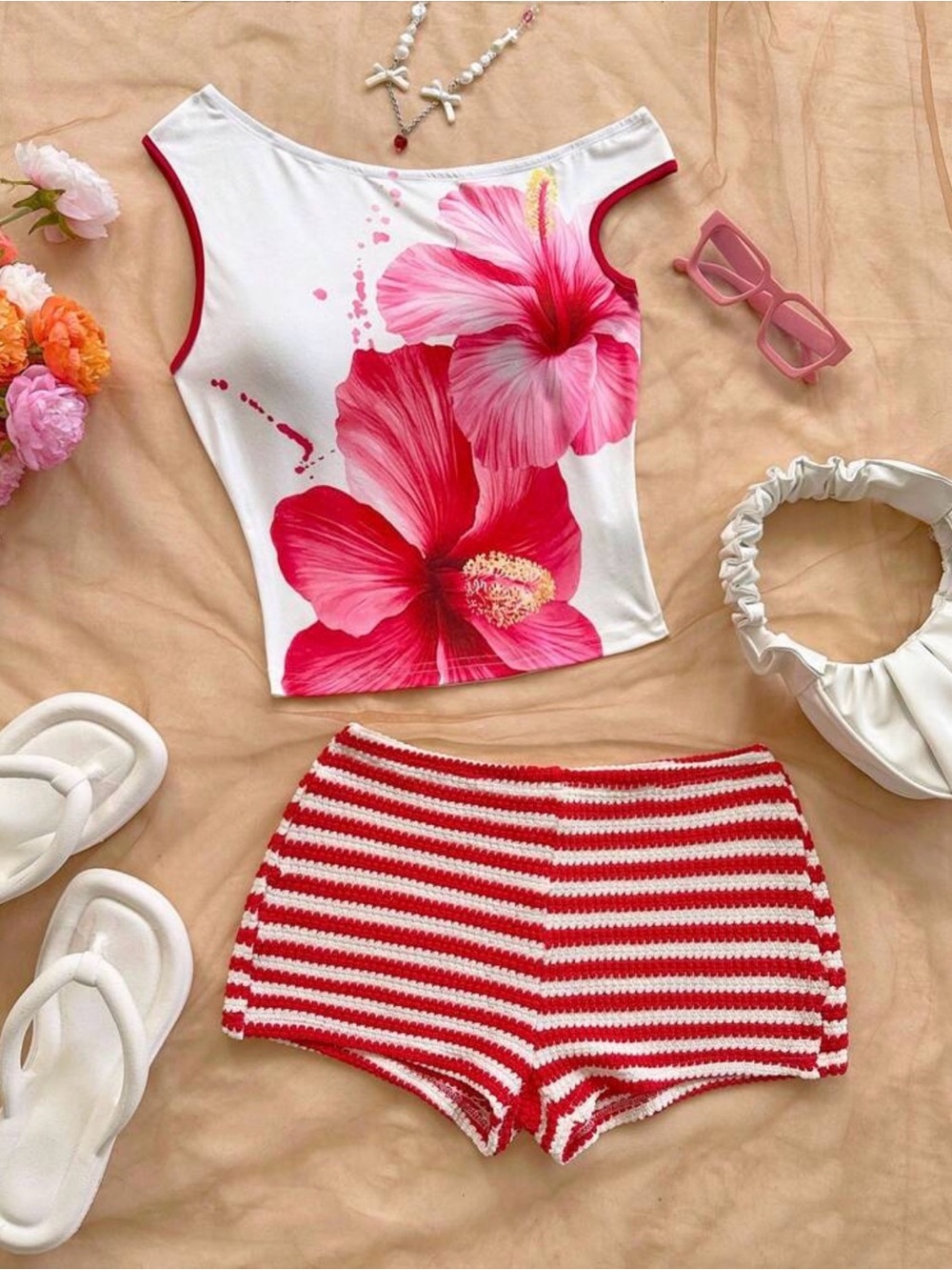 Women's Red & White Striped Crochet Shorts - Floral Summer Set